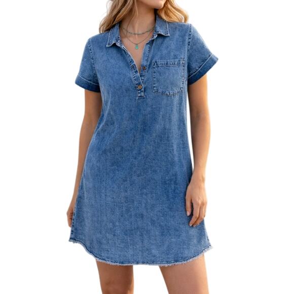 Kut from the Kloth Dresses & Skirts - KUT Denim Shirt Dress Women's Large Blue Cotton Linen Raw Hem Festival Western